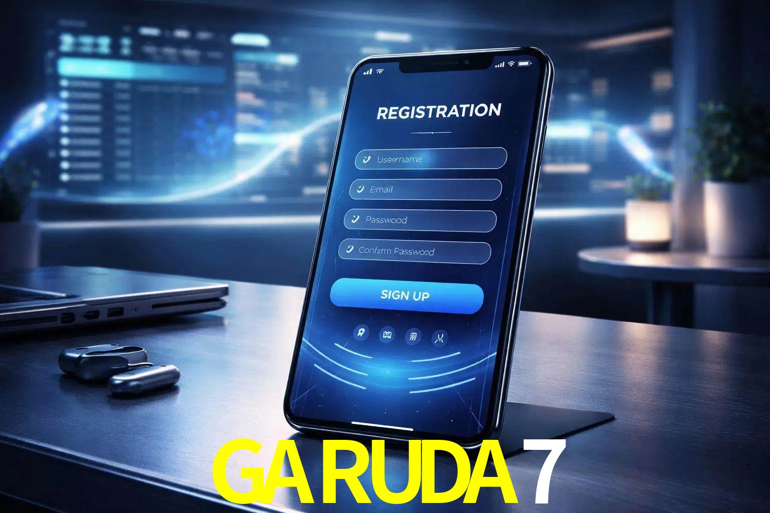 Una interfaz moderna de registro móvil para GARUDA7 mostrada en un smartphone con un panel de apuestas elegante.